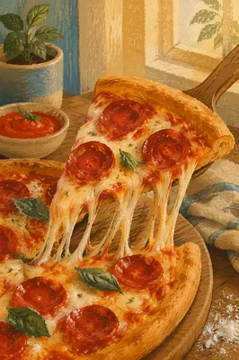 Fresh Pepperoni Pizza Slice with Stretching Cheese