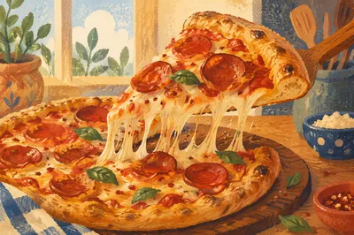 Fresh Pepperoni Pizza Slice with Stretchy Cheese