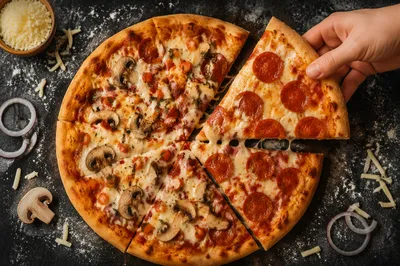 Rustic Pepperoni Pizza Slice Overhead Scene