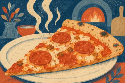 Steaming Pepperoni Pizza Slice on White Plate