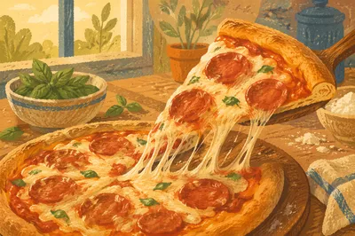 Fresh Pepperoni Pizza Slice with Stretching Cheese