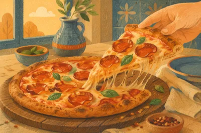 Fresh Pepperoni Pizza Slice With Stretching Cheese