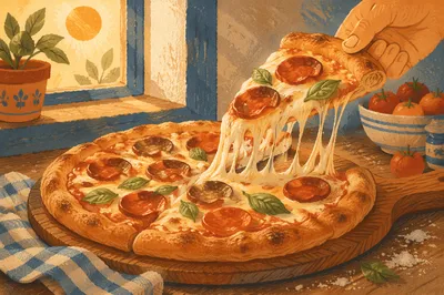 Fresh Pepperoni Pizza Slice with Cheese Pull