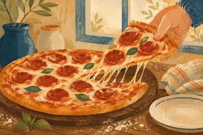 Fresh Pepperoni Pizza Slice with Stretching Cheese