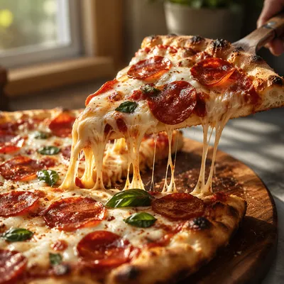 Fresh Pepperoni Pizza Slice with Stretchy Cheese