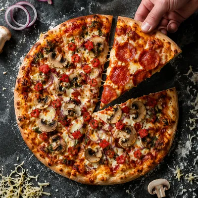 Fresh Pepperoni Pizza Slice Overhead Scene