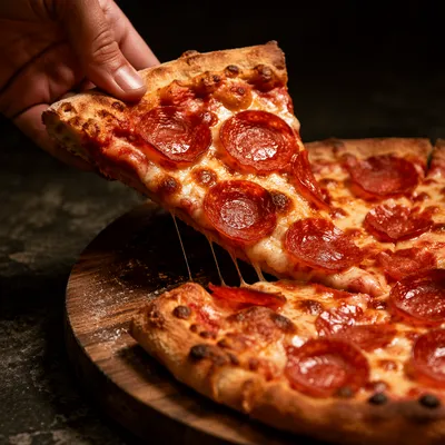 Hand Lifting Fresh Pepperoni Pizza Slice