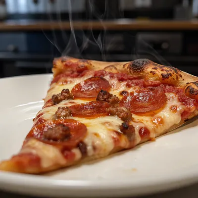 Steaming Pepperoni Pizza Slice on White Plate