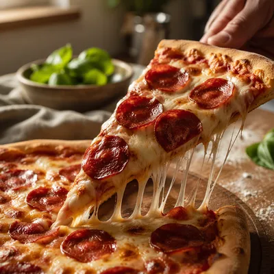 Fresh Pepperoni Pizza Slice With Melting Cheese