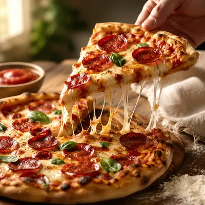 Fresh Pepperoni Pizza Slice with Stretching Cheese