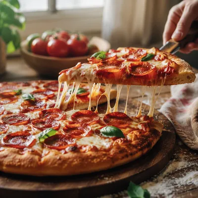 Fresh Pepperoni Pizza Slice With Cheese Pull