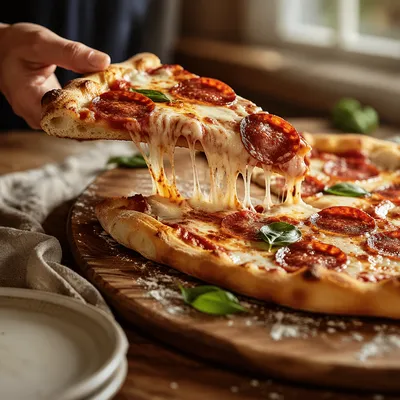 Fresh Pepperoni Pizza Slice with Melted Cheese