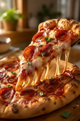 Fresh Pepperoni Pizza Slice With Stretchy Cheese