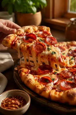 Fresh Pepperoni Pizza Slice with Melted Cheese