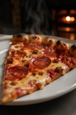 Steaming Pepperoni Pizza Slice on White Plate