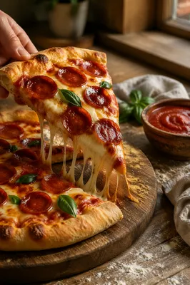 Fresh Pepperoni Pizza Slice With Stretching Cheese