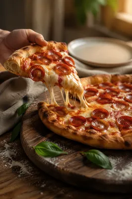Fresh Pepperoni Pizza Slice with Stretching Cheese