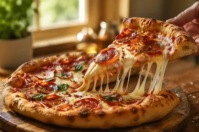 Fresh Pepperoni Pizza Slice with Stretchy Cheese