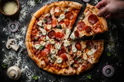 Rustic Pepperoni Pizza Slice Overhead Scene