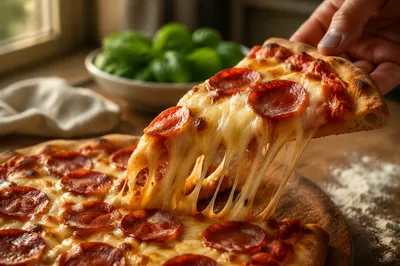 Fresh Pepperoni Pizza Slice with Stretching Cheese