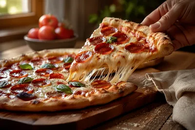 Fresh Pepperoni Pizza Slice with Cheese Pull