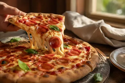 Fresh Pepperoni Pizza Slice with Melting Cheese