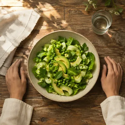 Grateful Hands Over Healthy Green Salad