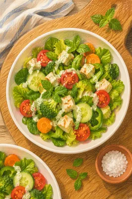 Fresh Green Salad Bowl Overhead