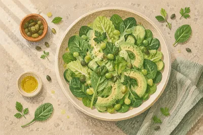 Fresh Green Salad Overhead Kitchen Scene