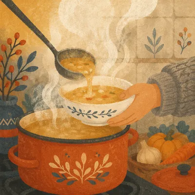 Steaming Golden Soup in Cozy Winter Kitchen