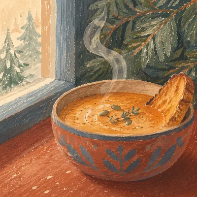 Steaming Rustic Winter Soup by Window