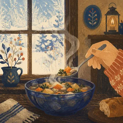 Steaming Winter Soup in Blue Bowl