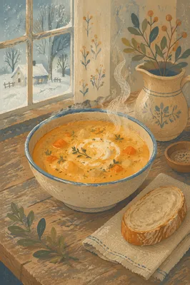 Steaming Rustic Soup Bowl on Winter Table