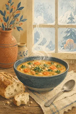 Steaming Hearty Soup by Frosted Window
