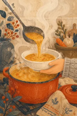 Steaming Golden Soup in Cozy Kitchen
