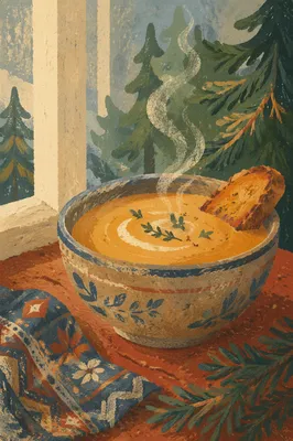 Steaming Winter Soup in Rustic Bowl