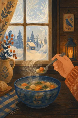 Steaming Winter Soup in Blue Bowl