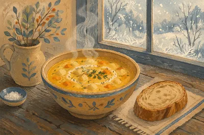 Steaming Rustic Soup Bowl on Winter Table