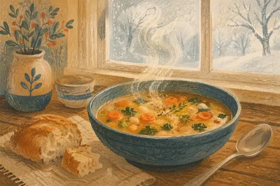 Steaming Hearty Soup by Frosted Window