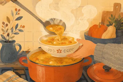 Steaming Golden Soup in Cozy Winter Kitchen