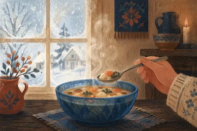 Steaming Winter Soup in Blue Bowl