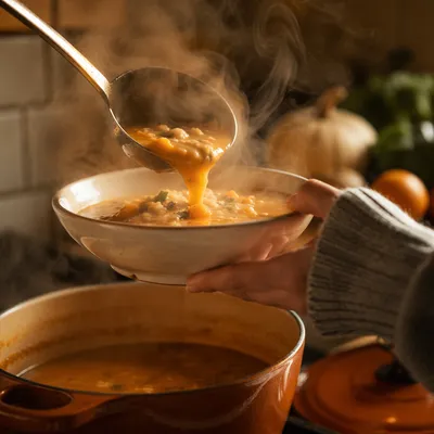 Steaming Golden Soup in Cozy Kitchen
