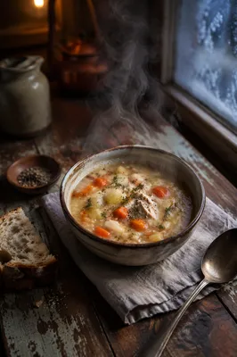 Steaming Rustic Soup Bowl by Frosted Window
