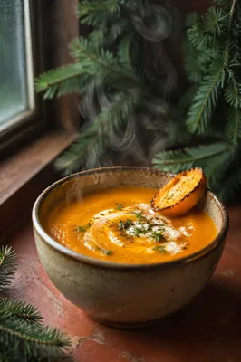 Steaming Winter Soup in Rustic Bowl