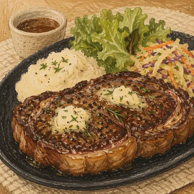 Grilled Steak Dinner on Black Plate