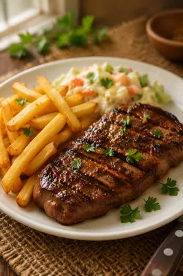 Grilled Steak Dinner with Fries and Salad