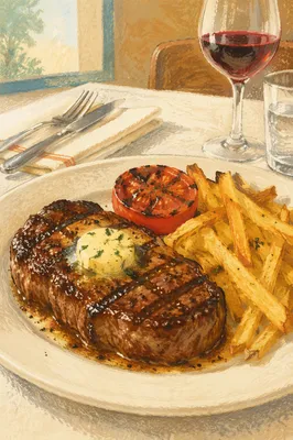 Grilled Steak Dinner with Fries and Tomato