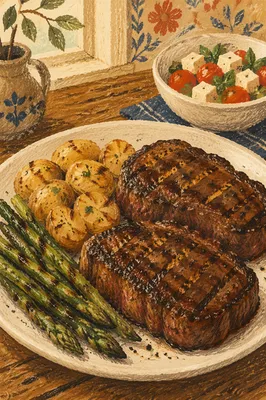 Hearty Grilled Steak Dinner on White Plate