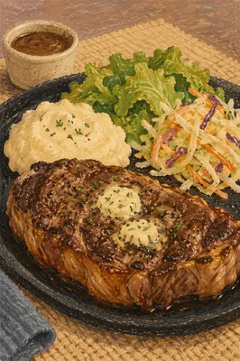 Grilled Steak Dinner on Black Plate