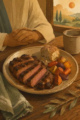 Grateful Steak Dinner in Warm Window Light